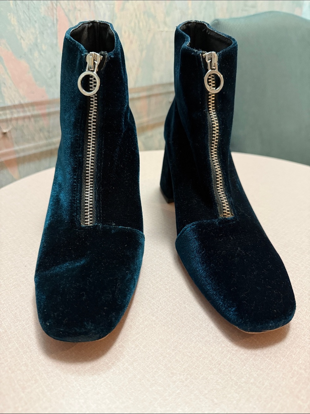 Zara Velvet Front-Zip Ankle Boots - Teal